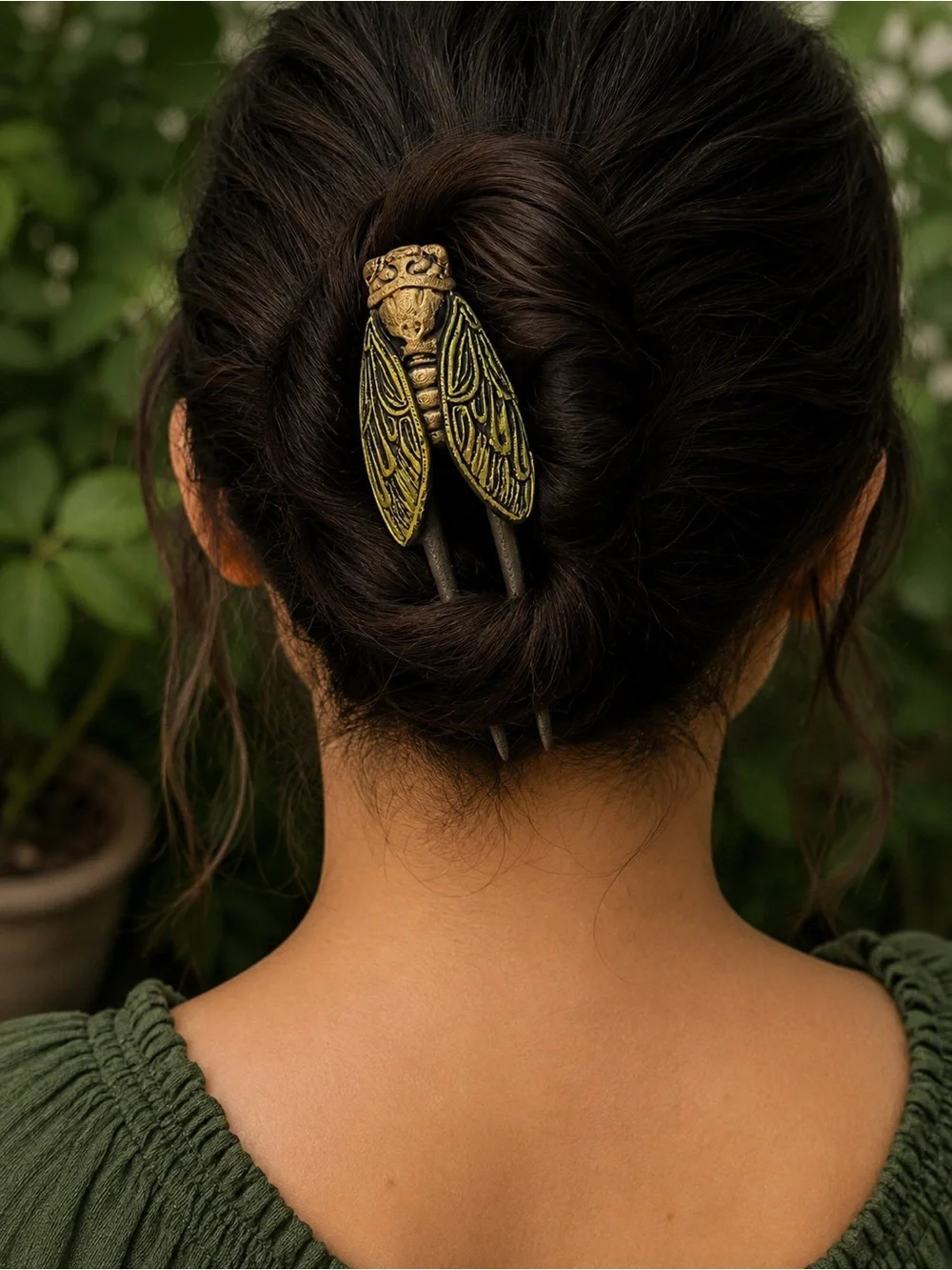 Cicada Hair Sticks - Olive Green & Antique Gold Accents